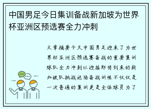 中国男足今日集训备战新加坡为世界杯亚洲区预选赛全力冲刺