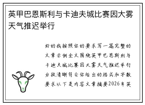 英甲巴恩斯利与卡迪夫城比赛因大雾天气推迟举行